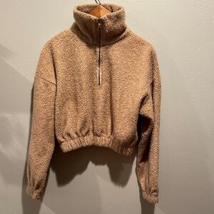 ZAFUL Tan Teddy Faux Fur Cropped Pullover Half Zip
Sweatshirt Sweater Jacket Top